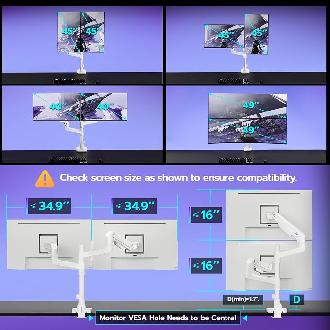 Dual Monitor Arm Desk Mount for 17-49 Inch Monitors Holds 44 lbs, White | Heavy Duty Monitor Mount Stacked Monitor Arm Desk Full Motion Gas Spring Vertical Monitor Mount, 75/100 VESA Mount - Image 2