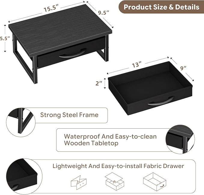 Ekisemio 2-Tier Monitor Stand with Fabric Drawer – Wood and Metal Computer Riser, Desk Organizer for Office, Black - Image 2