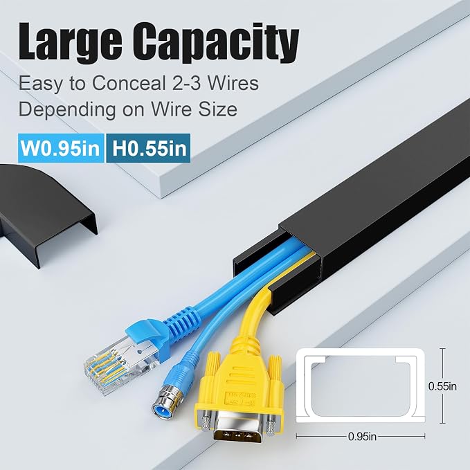 Yecaye Cord Covers for Wires on Wall, 113in, W0.95in H0.55in, Black | TV Cord Hider, Medium Cord Organizer for 2-3 Wires, Cable Management Kit, Easy Install - Image 2