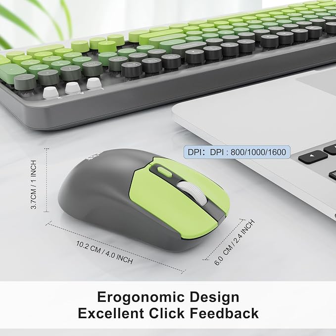 Wireless Keyboard and Mouse Combo, 104 Round Keys Cute Colorful Keyboard and Mouse with Retro Typewriter for PC/Mac/Laptop/Tablet/Computer/Windows Gray Green - Image 4