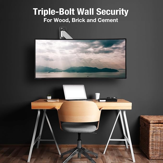 AVLT Single Monitor Arm Wall Mount for 13-32" Screens, Full Motion - Silver | Supports flat/curved/ultrawide screens up to 19.8 lbs. Smooth gas spring control, 3-bolt wall plate and cable management - Image 5