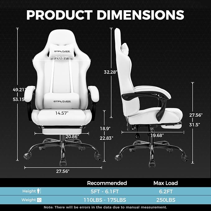 GTPLAYER Gaming Chair, Computer Chair with Footrest and Lumbar Support, Height Adjustable Game Chair with 360°-Swivel Seat and Headrest and for Office or Gaming (All Light Gray-Fabric) - Image 3