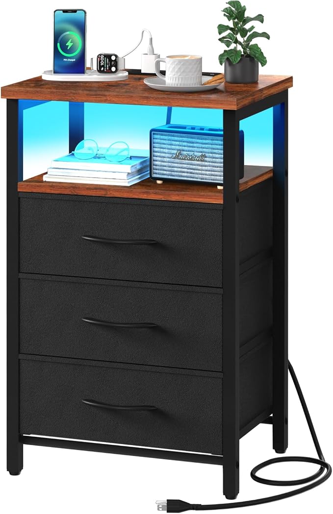 Yoobure Night Stand with Charging Station, 3 Fabric Drawers Nightstand, Bedside Tables with Storage Shelf, End Table with 16 Colors LED, Small Dresser for Small Space, Black Brown | 16 Colors Bedside Table with 3 Fabric Drawers & Storage Shelf, End Tab... by Yoobure
