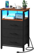 Yoobure Night Stand with Charging Station, 3 Fabric Drawers Nightstand, Bedside Tables with Storage Shelf, End Table with 16 Colors LED, Small Dresser for Small Space, Black Brown | 16 Colors Bedside Table with 3 Fabric Drawers & Storage Shelf, End Tab... by Yoobure
