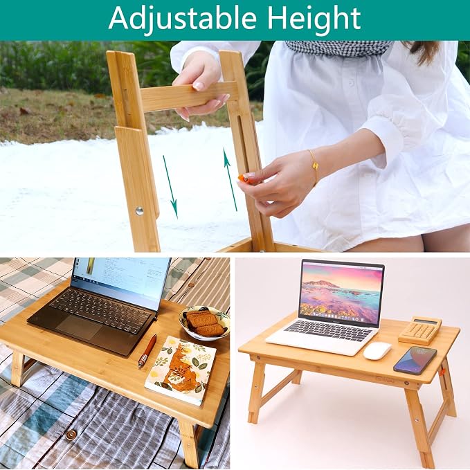 Lap Desk for Bed, COIWAI Bed Desk Bed Table Tary, Low Desk Table, Folding Floor Table, Adjustable Height, Portable Foldable Picnic Desk,Serving Breakfast Coffee in Bed Couch Floor .Bamboo - Image 3