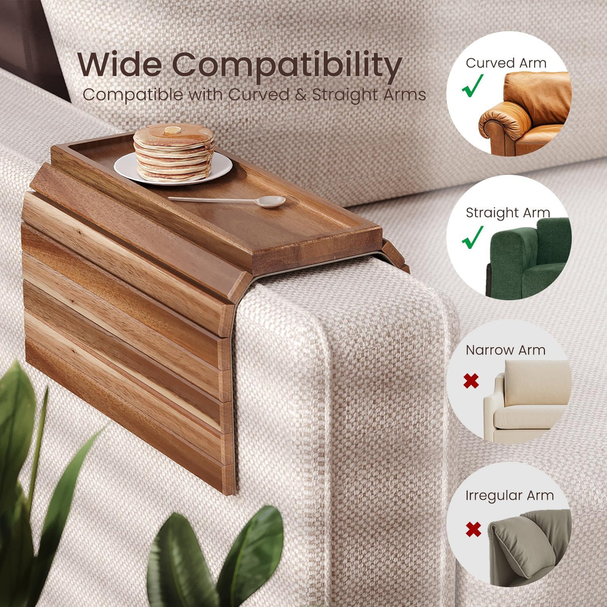 Acacia Wood Folding Sofa Arm Tray with Anti-Slip Pad - Image 3