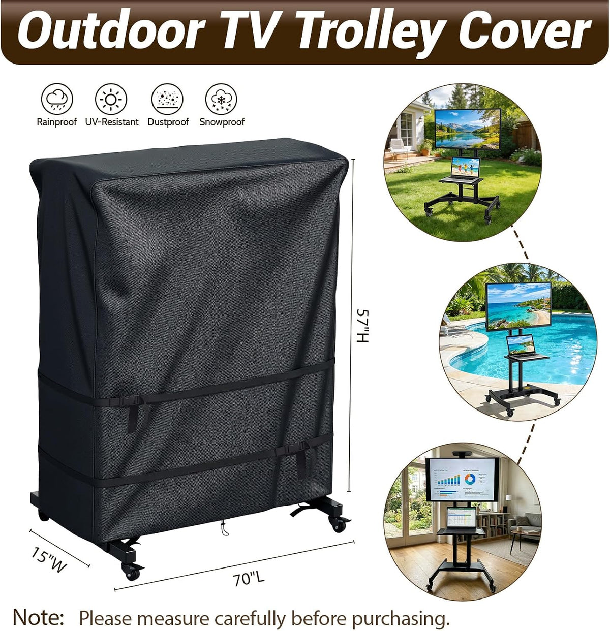 Outdoor TV Cover-Weatherproof TV Stand Covers for Outside TV,Compatible Patio TV Protector for Rolling TV Stand (Black, 70"L x 15"W x 57"H) - Image 2