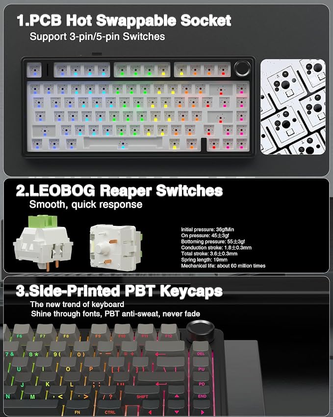 AULA F75 Pro Wireless Mechanical Keyboard,75% Hot Swappable Custom Keyboard with Knob,RGB Backlit,Pre-lubed Reaper Switches,Side Printed PBT Keycaps,2.4GHz/USB-C/BT5.0 Mechanical Gaming Keyboards - Image 5