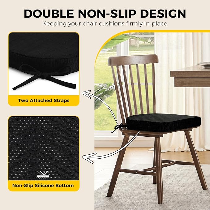 downluxe Indoor Chair Cushions for Dining Chairs, Soft and Comfortable Textured Foam Kitchen Chair Pads with Ties and Non-Slip Backing, 16" x 16" x 2", Black, 6 Pack - Image 4