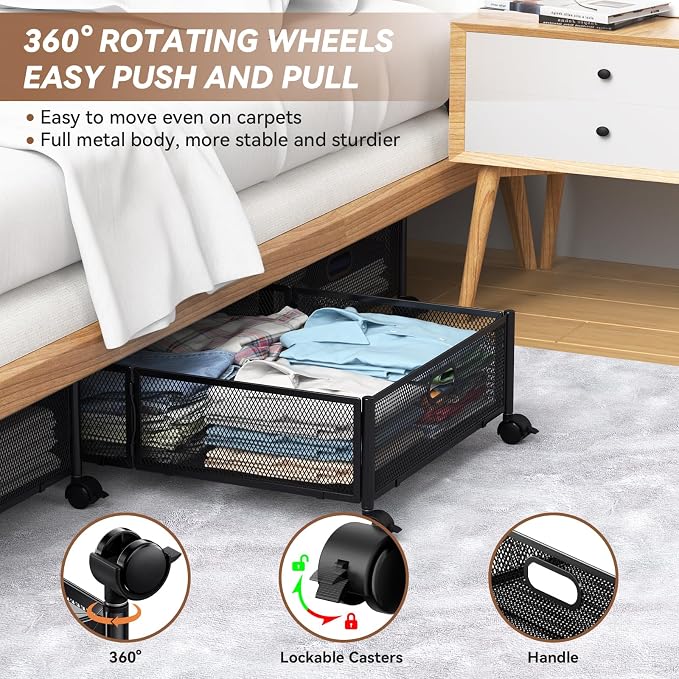 PHINOX Under Bed Storage with Wheels & Handle,Sturdy Metal,2 Pack,Black | Tool-free assembly, glide smoothly, easy reach, foldable, maxmazie low-profile beds, dorm, keep seasonal clothes, shoes fresh - Image 3