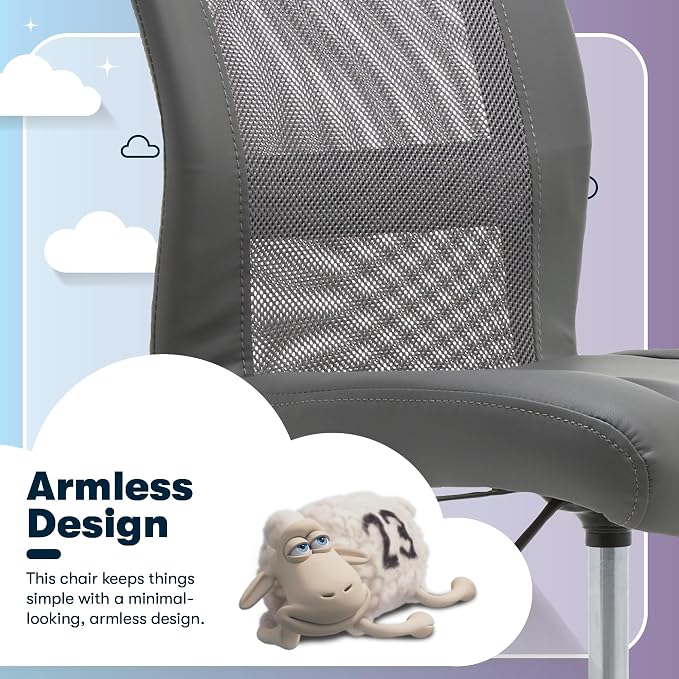 Serta Armless Small Home Desk Chair with Wheels, Ergonomic Mesh Back Chair | Essentials, Leather & Foam Cushion Seat, Adjustable Height, Small Vanity Chair for Bedroom, Desk Chair for Small Spaces, Gray - Image 6