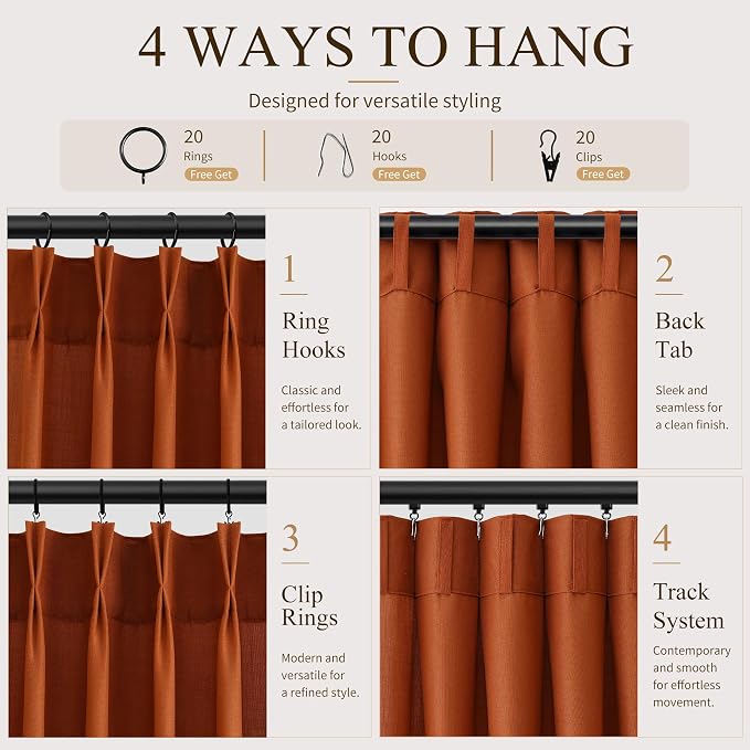 Hokibero Terracotta Pleated Linen Curtains 108 Inch Long for Living Room | Burnt Orange Light Filtering Sheer Curtain,Pinch Pleat Back Tab Hooks Rings,Boho Textured Privacy Drapes for Bedroom,2 Panels - Image 4