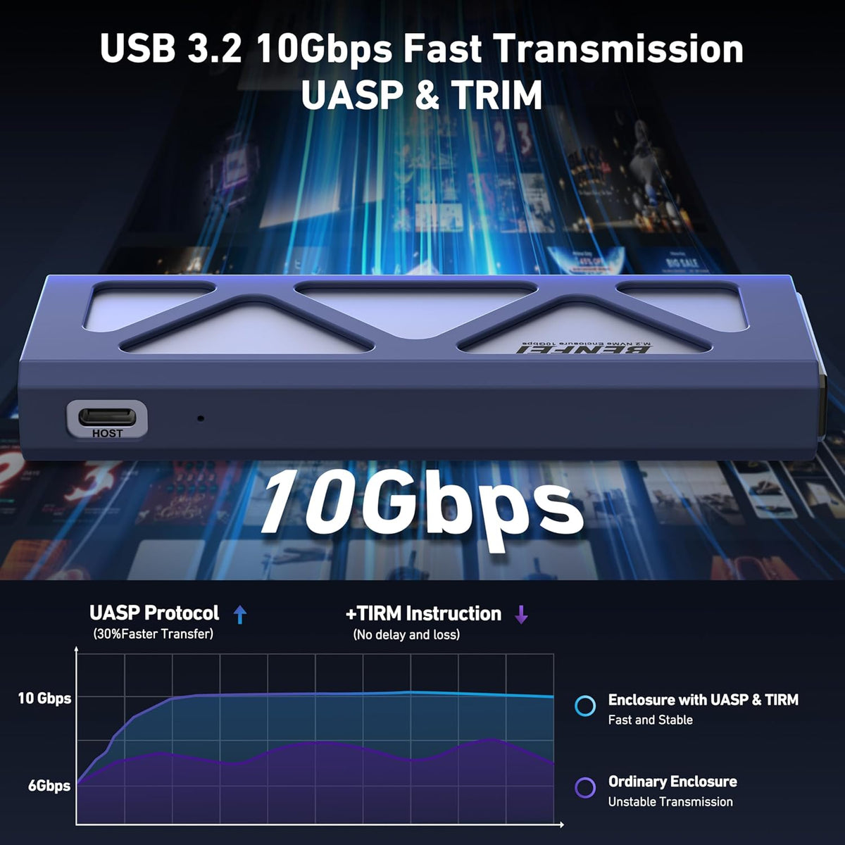 BENFEI M.2 NVME SSD Enclosure, Tool-Free USB C (10Gbps) to NVME Adapter Supports 10s Power Loss Protection, Compatible with NVME M and B&M Keys with Size 2230/2242/2260/2280 SSDs - Image 2