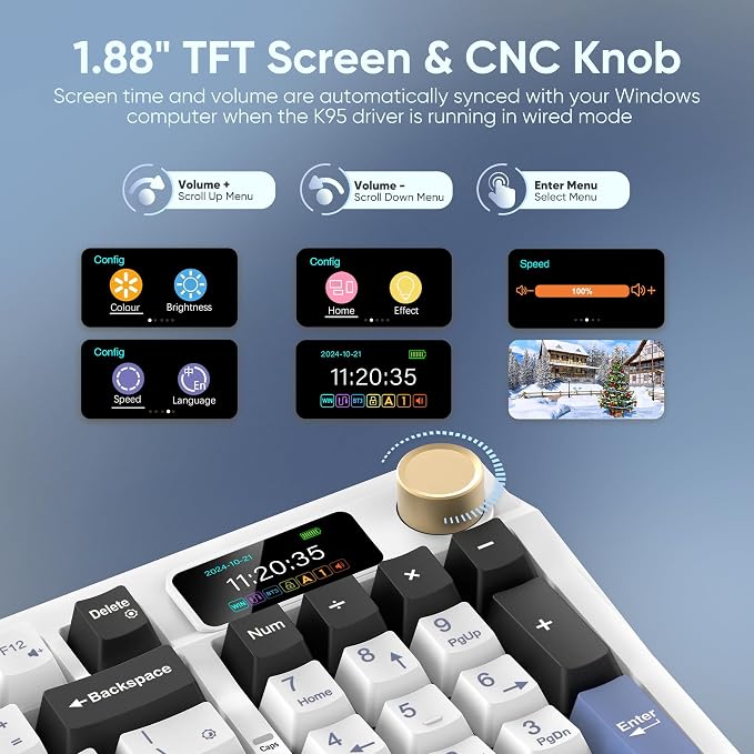 RedThunder K95 Wireless Mechanical Keyboard, TFT Screen & Knob, Tri-Mode BT5.0/2.4GHz/USB-C Hot Swappable Custom, Pre-lubed Linear Switches, Gasket Structure, RGB Gaming Keyboard, Snowy White-Blue - Image 3