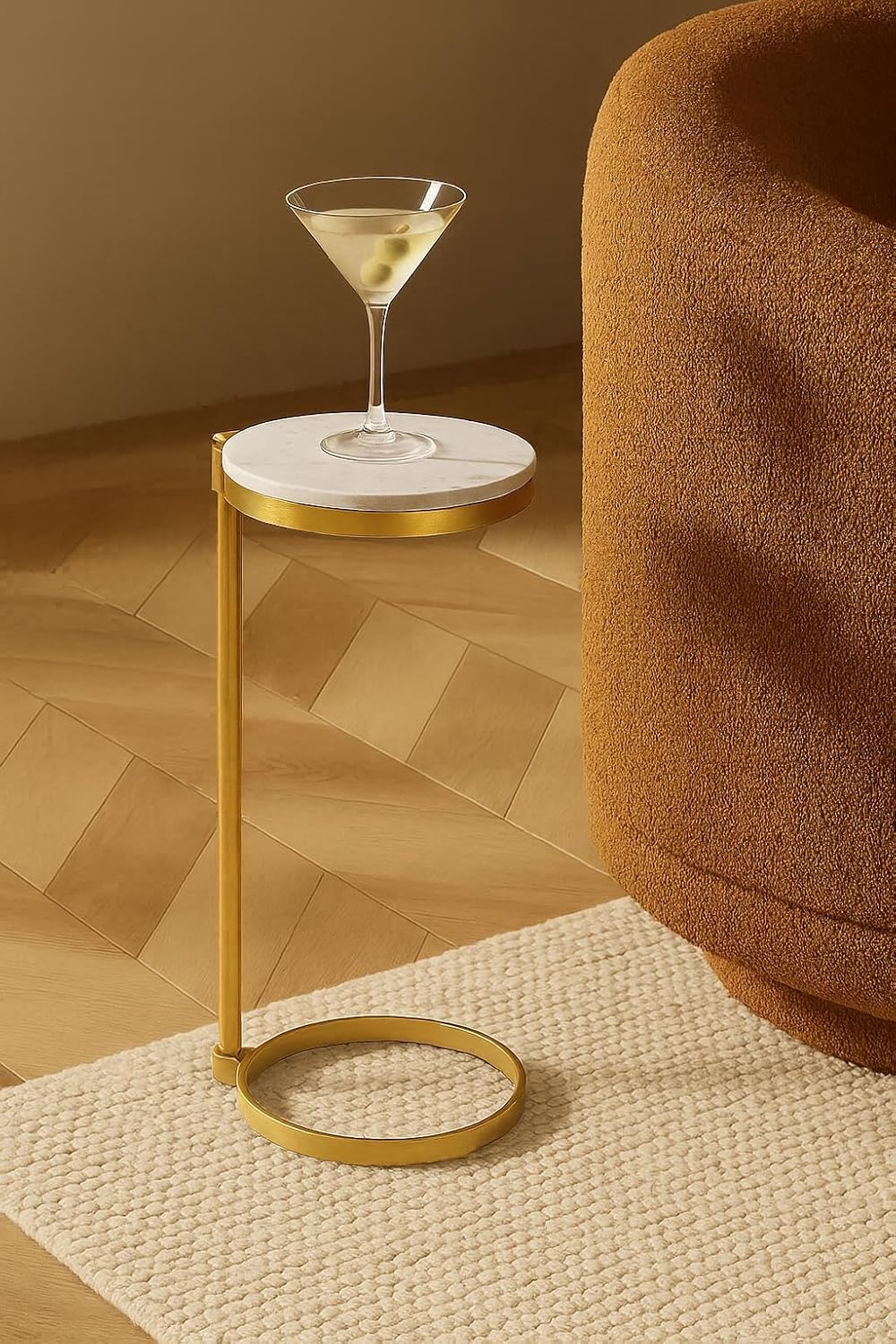 TEHOME Gold Glass Drink Table Metal Martini Round Small Drink Side Table for Couch Tempered Glass C Shaped End Table for Sofa 10" diam,24.55" h - Image 8