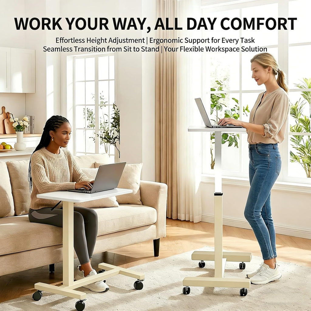 Adjustable Overbed Table with Wheels, Pneumatic Height Lift Rolling Bedside Table, Standing Desk for Home & Office Use, Ideal for Seniors & Limited Mobility(White) - Image 4