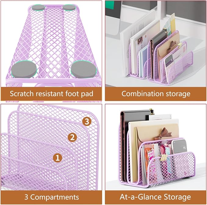 gianotter Mail Organizer Countertop | Mail Sorter with 3-Slot Mail Holder Letter Holder for Desk Bill Organizer for Office Receipts and Letter Paper Storage,Purple - Image 4