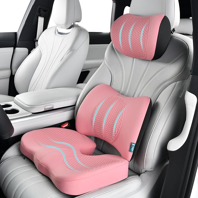 3 PCS Seat Cushion for Carseat Lumbar Support Pillow Car Neck Headrest Pillows Memory Foam Gel Memory Foam Massage Point Seat Pads Pressure Relief Back Cushion for Office Chair(Light Pink) by FLORICH
