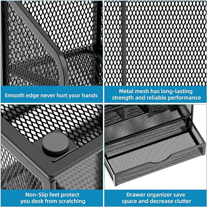 Marbrasse Mesh Pen Holder for Desk, Multi-Functional Pencil Organizer with Drawer, Desk Organizers and Accessories for Office Art Supplies (Black) - Image 6