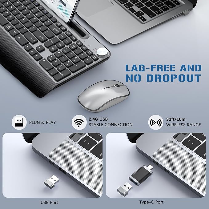 JOYACCESS Wireless Keyboard and Mouse, Ergonomic Wireless Keyboard with Wrist Rest and Phone Holder, Quiet Computer Mouse for Mac PC Laptop-Black Grey - Image 5