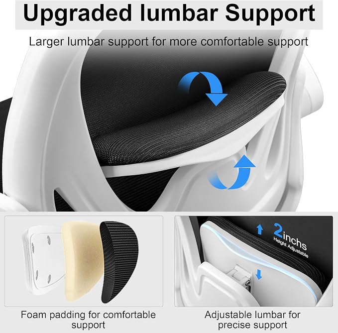 Drafting Chair Tall Office Chair with Flip-up Armrests, Adjustable Height, and Enhanced Lumbar Support - Ergonomic Rolling Stool, Back Support, and Adjustable Foot Rest Ring for Standing Desk White - Image 7