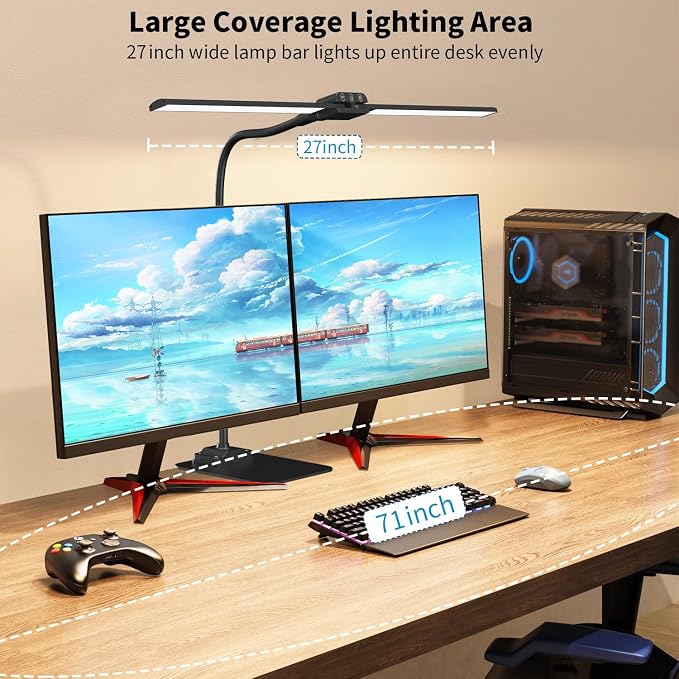 LED Desk Lamp Double Light: 1200LM Desk Light Base for Home Office, Black | Dual Screen Computer Monitor Light, Architect Table Lamp for Working Reading Drafting,Dimmable 4 Colors Memory 30-Min Timer - Image 4