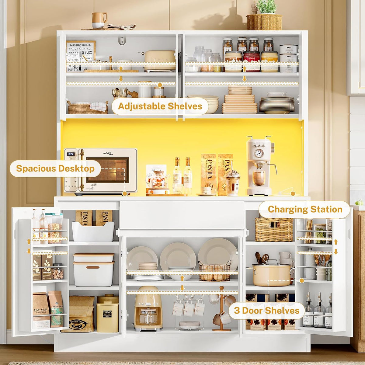 Pantry Cabinet with Charging Station, Kitchen Pantry Cabinet - Image 4