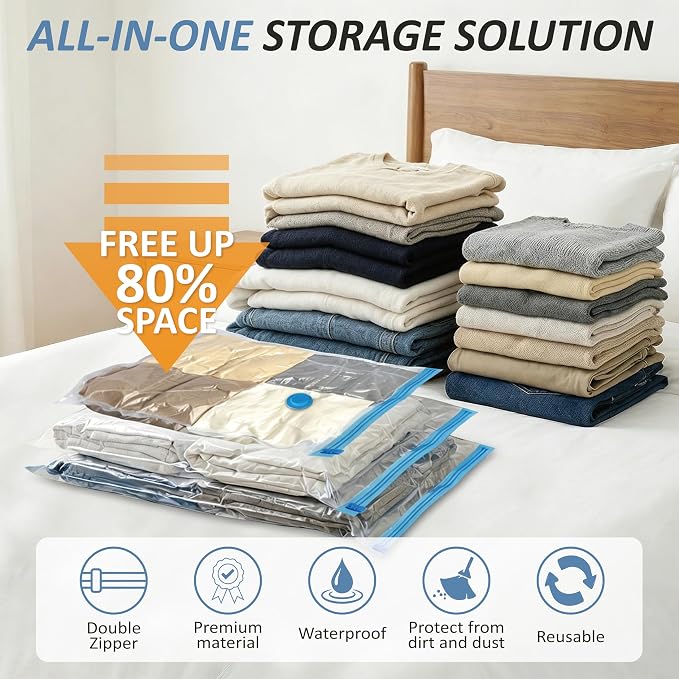 Vacuum Storage Bags with Hand Pump, Vacuum Seal Space Saver Bags,12 Small | 80% Space-Saving Bags for Clothes & Travel Essentials; Double-Zip Airtight Seal; For Luggage, Home & Travel Storage - Image 2