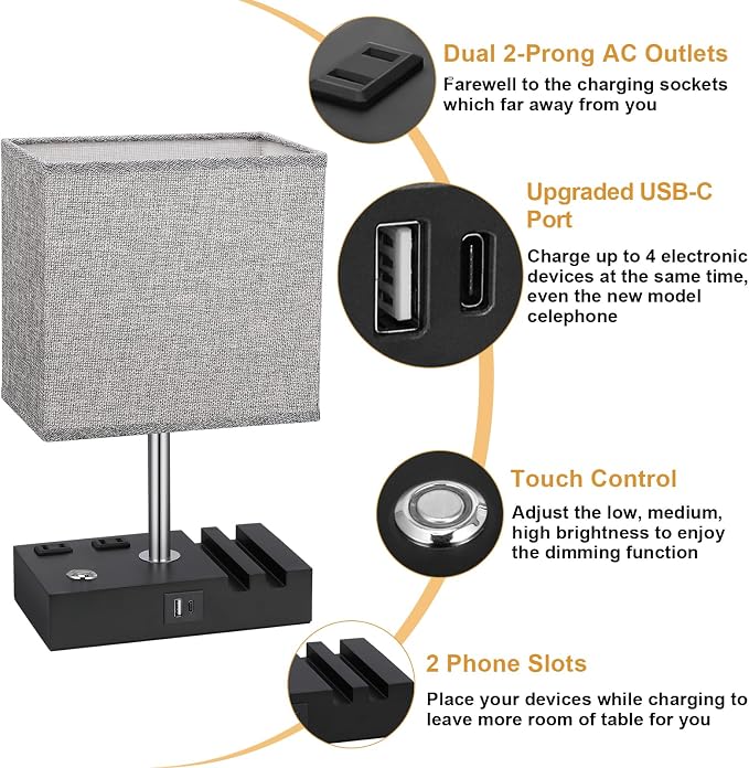 Touch Bedside Table Lamp for Bedroom, 3-Way Dimmable, USB C+A, 2 AC Outlets | Base Touch Button Only, USB C+A Ports, 2 Phone Stands, LED Bulbs Included, Rectangle Grey Lampshade, for Living Room, Desk - Image 5