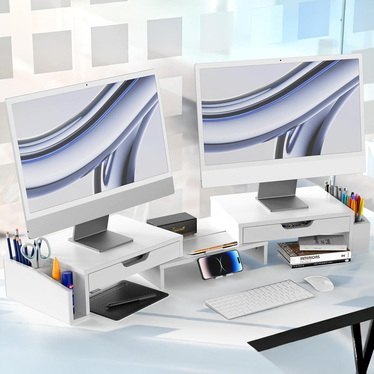 Simple Houseware Desk Dual Monitor Stand Riser with 2 Drawers, White - Image 6