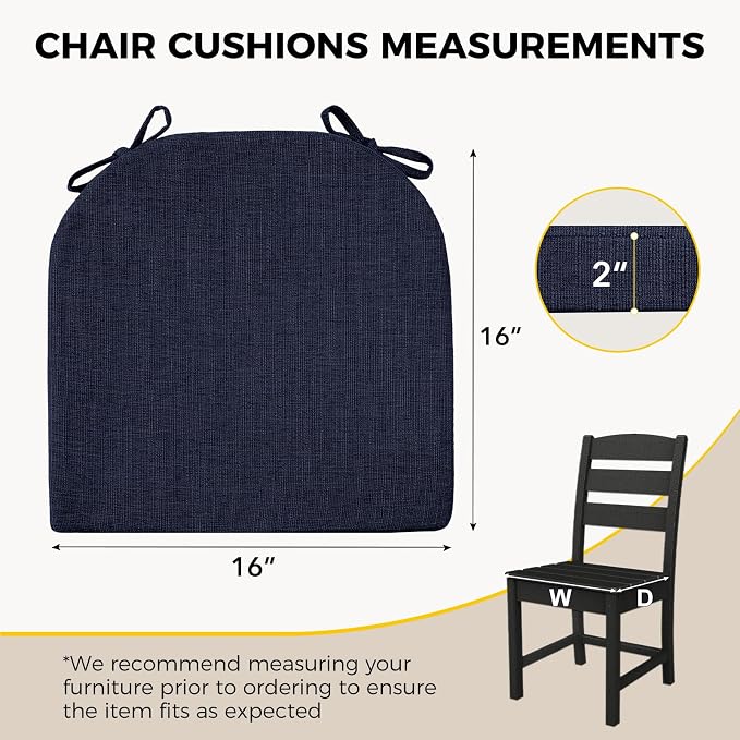 downluxe Indoor Chair Cushions for Dining Chairs, Soft and Comfortable Textured Foam Kitchen Chair Pads with Ties and Non-Slip Backing, 16" x 16" x 2", Navy, 2 Pack - Image 2