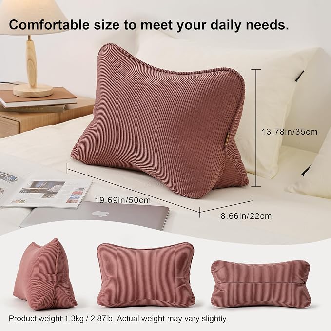 Pat. Pend. Corduroy Back Pillow for Sitting Up & Reading, Ergonomic Triangle Lumbar Support Cushion for Sofa, Armchair & Bed, Removable Cover, Brick Brown - Image 3