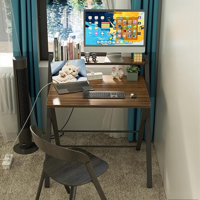 GreenForest Folding Desk No Assembly, Sturdy Computer Desk for Small Spaces | Portable Foldable Table for Laptop, 2-Tier Compact with Shelf, Space Saving for Home Office, Dorm, Apartment, 24"x 30" Walnut - Image 2