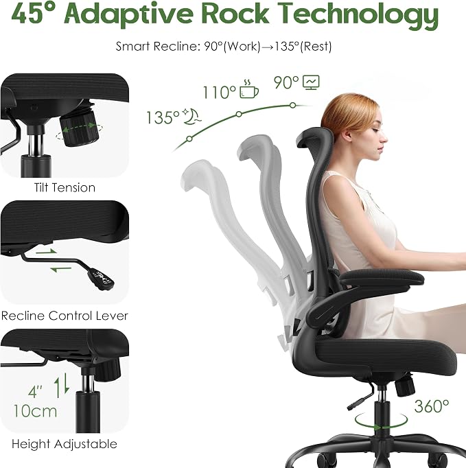 Office Chair Ergonomic Desk Chair - Comfy Mesh High Back Office Chair with Lumbar Support Wheel Home Desk Office Chairs Flip up Armrest Executive Rolling Swivel Task Computer Chair Black Silver - Image 8