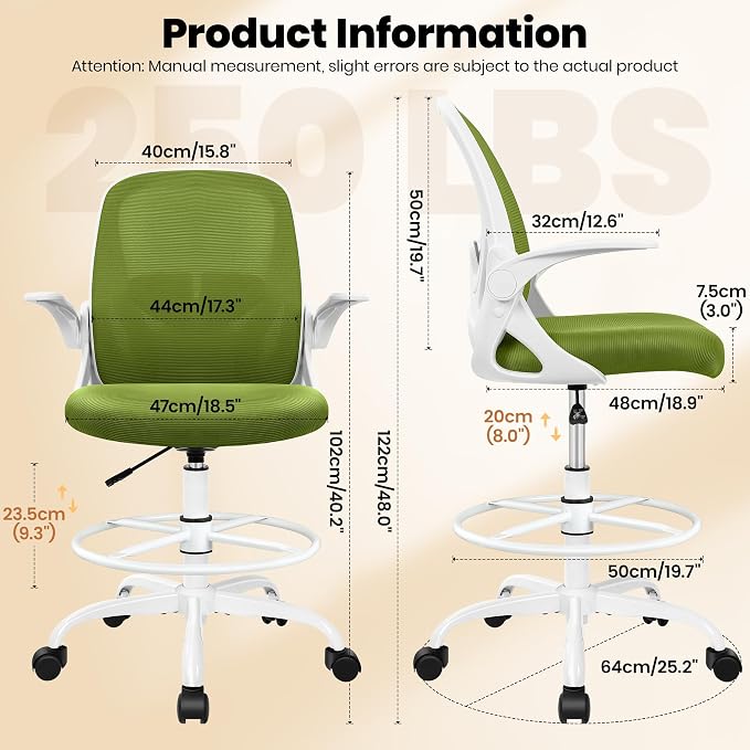 Drafting Chair Tall Office Chair with Flip-up Armrests Executive Ergonomic Computer Standing Desk Chair with Lumbar Support and Adjustable Footrest Ring (AvocadoGreen) - Image 3