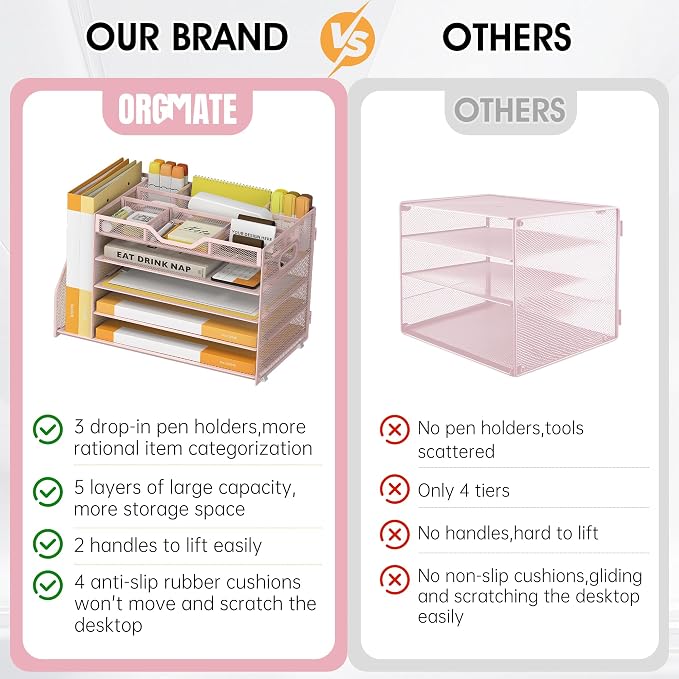 5 Tier Paper Letter Tray Desk Organizer with Pen Holders - Pink | Features 3 pen holders and 4 removable dividers.Versatile mesh desktop storage for mail, document,office supplie - Image 3