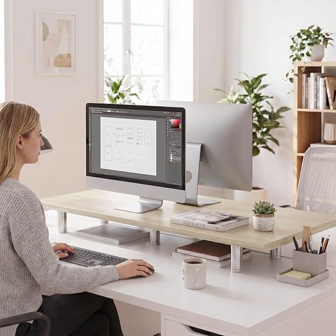 Fenge 39.4” Dual Monitor Stand with Height Adjustable Legs, Oak | Wooden & Steel, Ergonomic Height 3.6" to 4.4", Underneath Storage, Holds up to 99lbs, Laptop Monitor Stand for Home Office - Image 8
