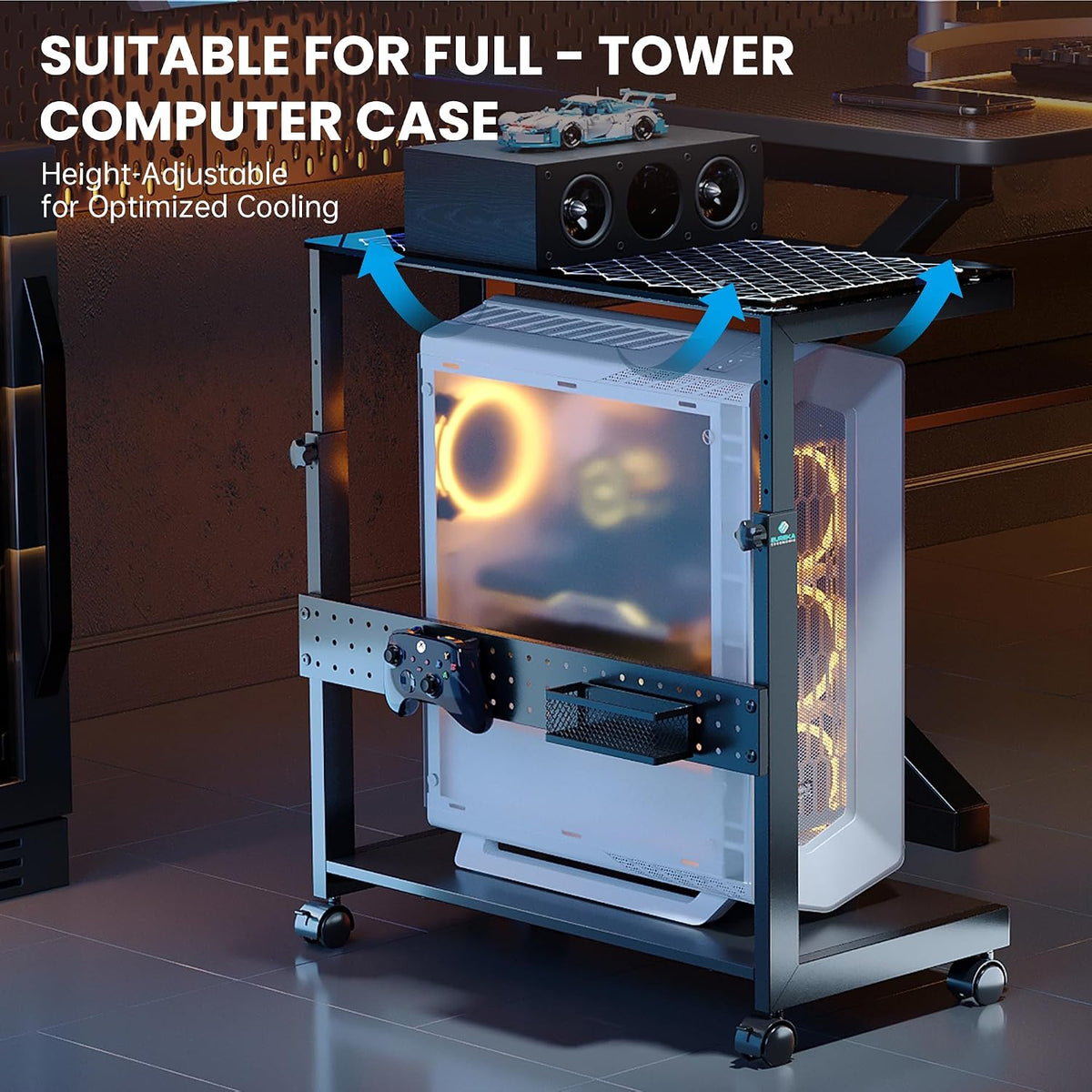 EUREKA ERGONOMIC Height Adjustable Computer Tower Stand, Illuminated Glass Panel PC Stand w/RGB Lights, 2-Tier CPU Holder Cart Under Desk, PC Floor Stand for Office Gaming, APP Control - Image 4