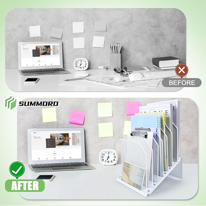 SUMMORO Inclined File Organizer for Desk, 7-Section Vertical File Holder | Office Desk Organizer Metal Rack File Folder, Wire Mesh Desktop Document Sorter, for Office School Classroom Home (White) - Image 4