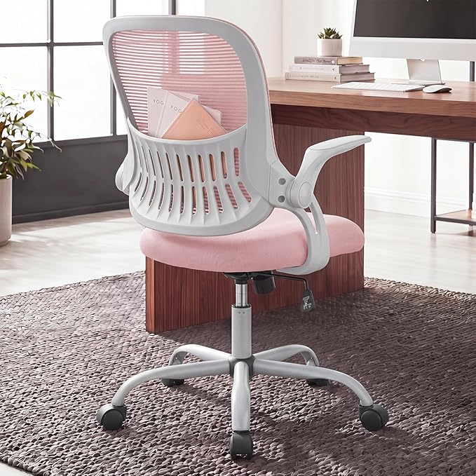 Home Office Desk Chair with Flip-up Armrest, Computer Chair | Lumbar Support, Height Adjustable, Mesh Mid-Back, Ergonomic Task Gaming Chair with 360° Swivel Wheels for Adults, Pink by HAPPYMONTLLC