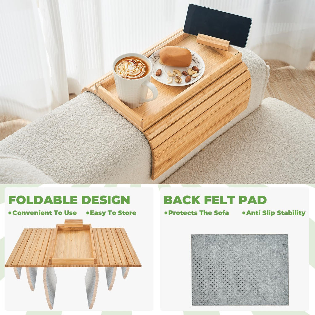 Bamboo Sofa Arm Tray, Anti Falling Couch Arm Tray Armrest Table with 360° Rotating Phone Holder, Foldable and Portable Sofa Armrest Trays Cup Holder for Drink,Cups, Phone, Snacks, Remote - Image 5