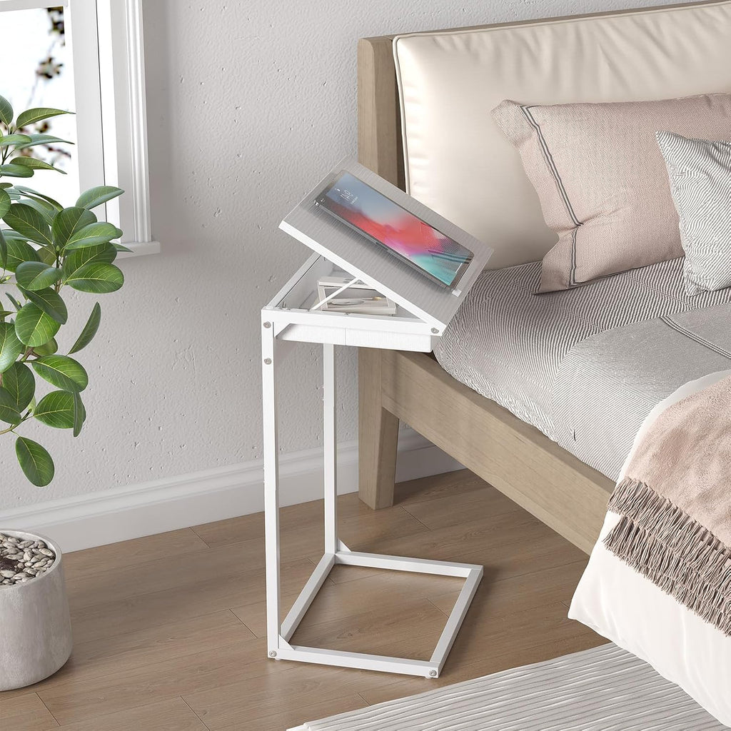 C Shaped End Table with Charging Station, 45° Tiltable Adjustable Flip Top Side Table with Storage,Small C Table for Small Spaces,Slide Under Couch Sofa Bedside Table for Living Room,White - Image 7