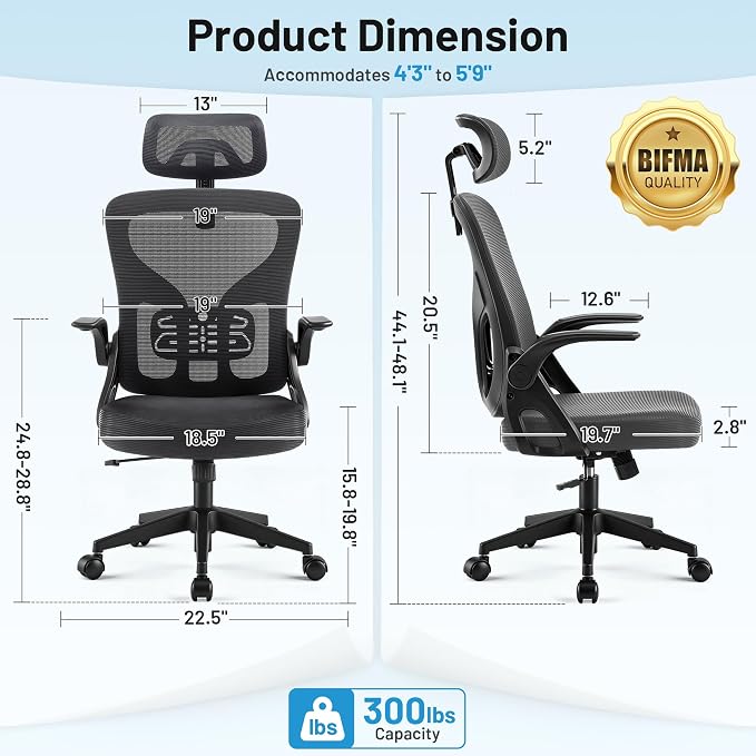 Office Chair Ergonomic Desk Chair with Adjustable Headrest Lumbar Support, High Back Breathable Mesh Chair with 120° Tilt & Flip-Up Armrests, Swivel Comfy Task Computer Chair for Work, Study - Image 2
