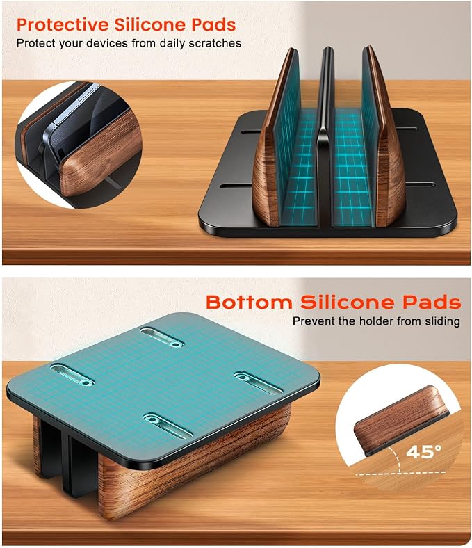 JCZT Vertical Laptop Stand, Walnut Dual Laptop Holder, Black | with Adjustable Aluminum Alloy Base Laptop Stand for All MacBok/Surface/Samsung/HP/Dell/Chrome Book Laptops (Up to 17.3 inch) - Image 6