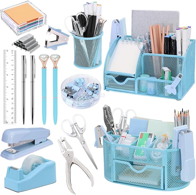 17 IN 1 Office Desk Organizer Set for Back to School Supplies Accessories | 3 Office Desk Storage Organization, 4 Pens, Stapler, Staples & Remover, Tape & Dispenser, Scissors, Ruler, Clips, Hole Punch by Froidesente