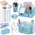 17 IN 1 Office Desk Organizer Set for Back to School Supplies Accessories | 3 Office Desk Storage Organization, 4 Pens, Stapler, Staples & Remover, Tape & Dispenser, Scissors, Ruler, Clips, Hole Punch by Froidesente