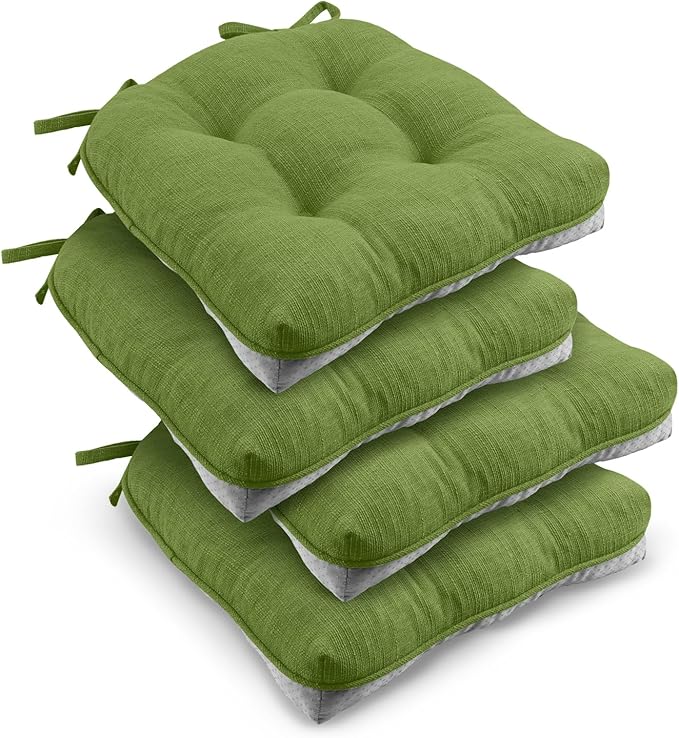 downluxe Indoor Chair Cushions for Dining Chairs, Tufted Overstuffed Textured Kitchen Chair Pads with Ties and Non-Slip Backing, 15.5" x 15.5" x 4", Grass Green, 4 Pack by Downluxe