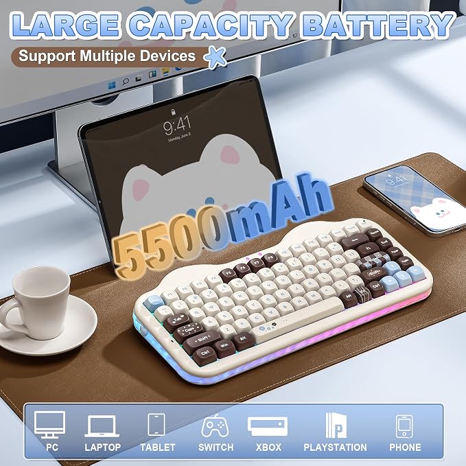 YUNZII C75 Cute 75% Wireless Mechanical Keyboard (Choco, Candy Switch) | Creamy Cake Keyboard, BT5.0/2.4G/USB-C, Hot-Swap, NKRO, PBT MOA Keycaps,5500mAh RGB Gasket Mount for Mac/Win/Gaming/Office - Image 7