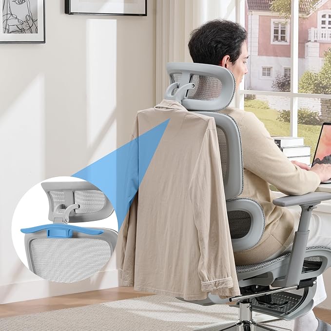 Mesh Ergonomic Office Chair with Footrest, Grey | High Back, Lumbar Support, Adjustable Headrest and Armrests, Gaming Chair,Home Office Desk Chair - Image 9