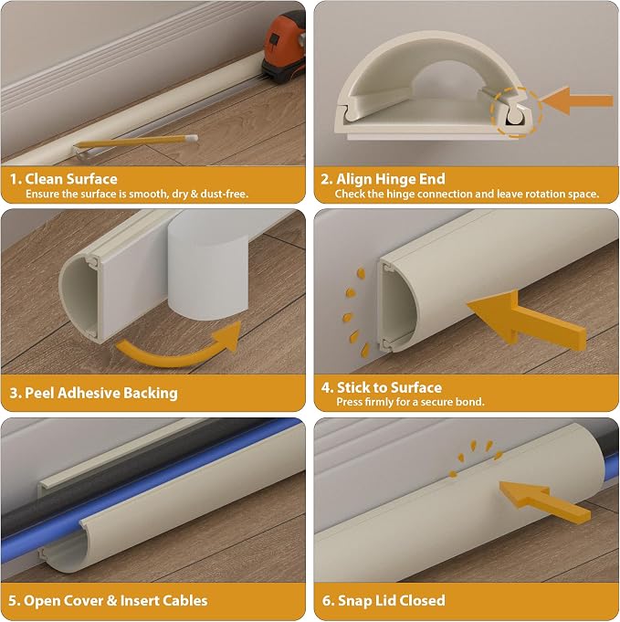 ZhiYo 34in Cord Hider for 2-3 Wall-Mounted TV Wires, 1.2"W x 0.55"H, White | Split-Hinge Design for Easy Installation, Half-Round Glazed Finish Ideal for Wall/Baseboard, Self-Adhesive, 2 Pack (17" Each) - Image 7
